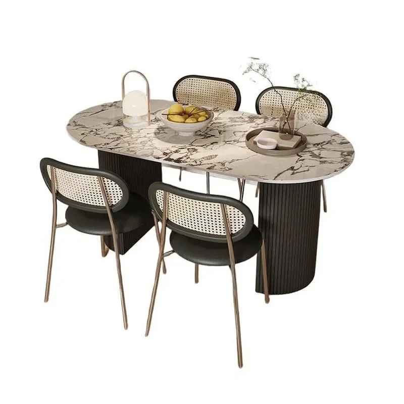 Oval Sintered Stone Dining Table Set with Rattan Chairs Retro Vertical Column Design for Home Kitchen Living Room Furniture