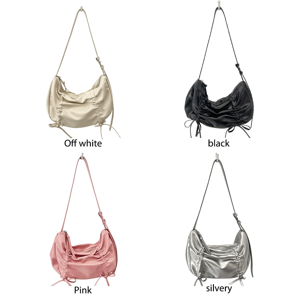 Soft Pleated Bow Hobo Bag Solid Color Fashion Handbag with Adjustable Strap Underarm Bag Trendy Crossbody Bag for Women