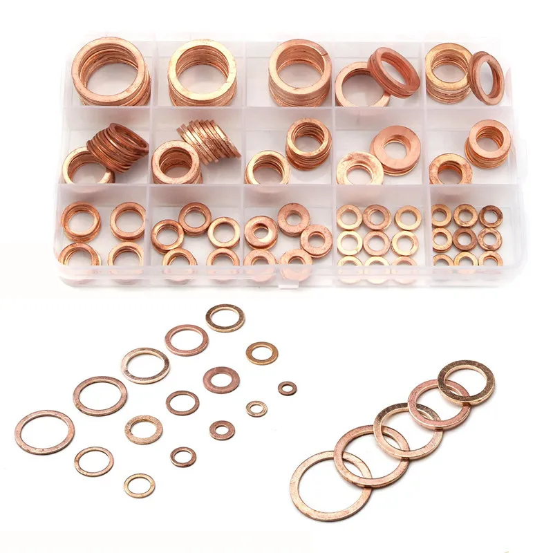 

250pcs Copper Washer for Oil Sump Plug M5 M6 M8 M10 M12 M14 M16 M18 Sealing Solid Washer Flat Seal Gasket Ring Assortment Kit