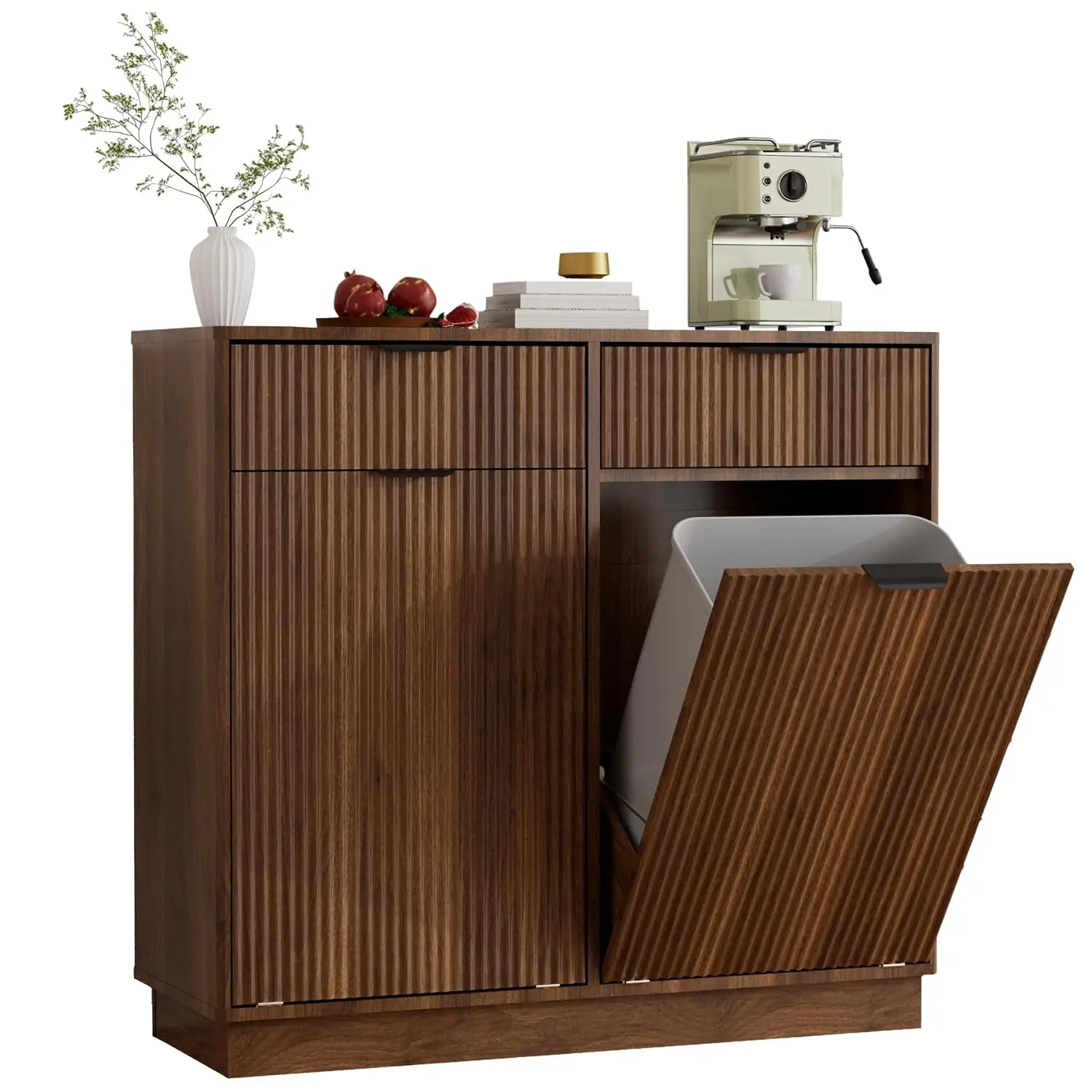 Double Tilt Out Trash Cabinet with Storage Drawer & Wave Texture, Walnut Laundry Hamper for Kitchen Bathroom, Customized