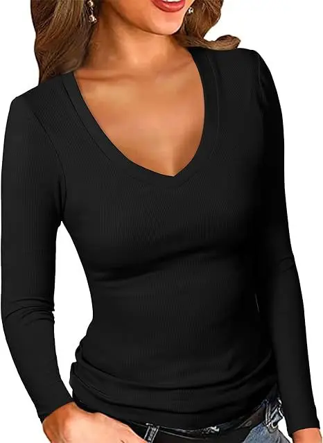 Cross-border Amazon Autumn Women's Ribbed V-neck Slim-fit T-shirt Basic Solid Color Long-sleeved Casual Top Women's Cw90921