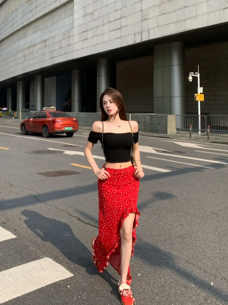 

Lotus leaf edge floral skirt women's summer medium and long high waist thin hip skirt red irregular split skirt