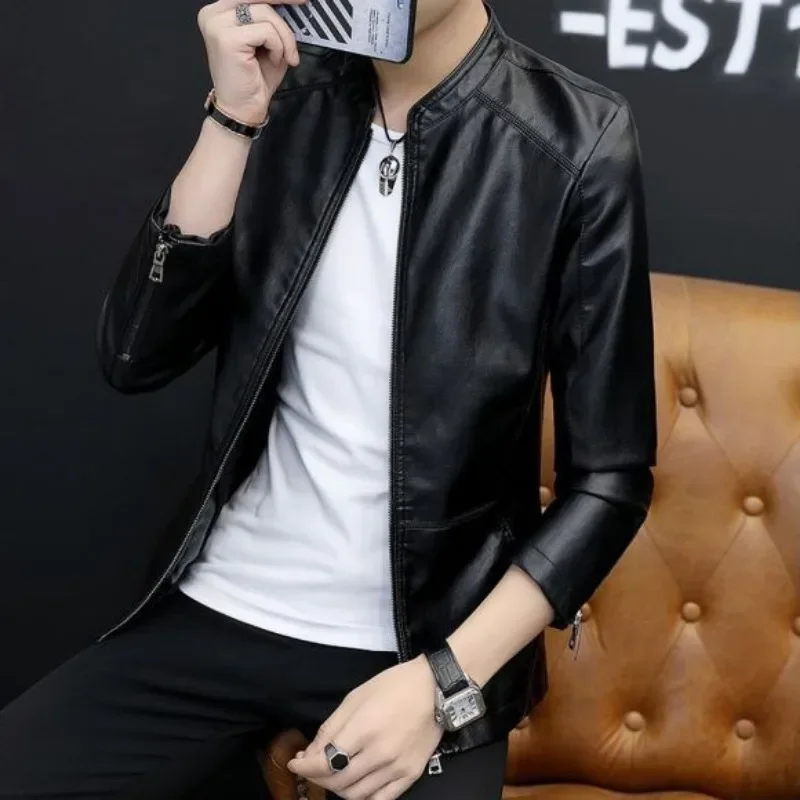 

Короткая тонкая средняя молодежная новая мужская зимняя кожаная одежда, пальто, теплая куртка с начесом, красивая верхняя одежда с воротником-стойкой