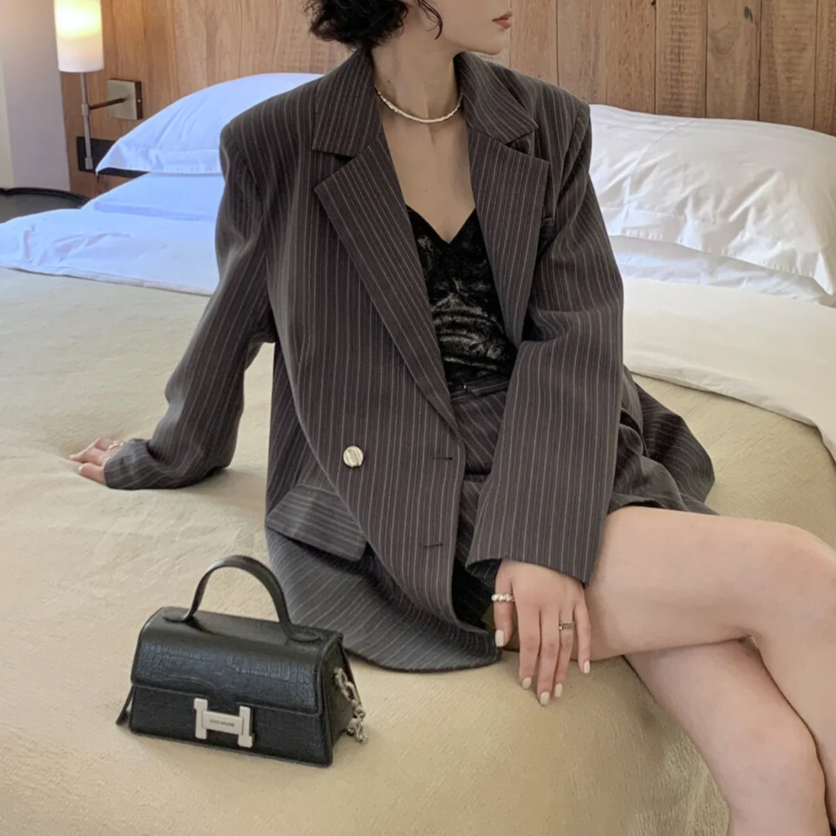 KWTX 여성 블레이저 더블 브레스티드 컬러 블록 스트라이프 라펠 캐주얼 엘레강트 디자이너 프리미엄 가을 패션 미니멀리스트 2025