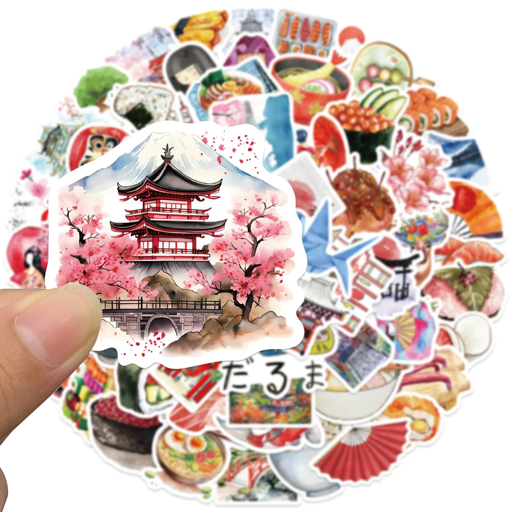 64pcs Watercolor Painting Japanese Travel Stickers Aesthetic Graffiti Decals For Laptop Luggage Skateboard Scrapbook Stickers