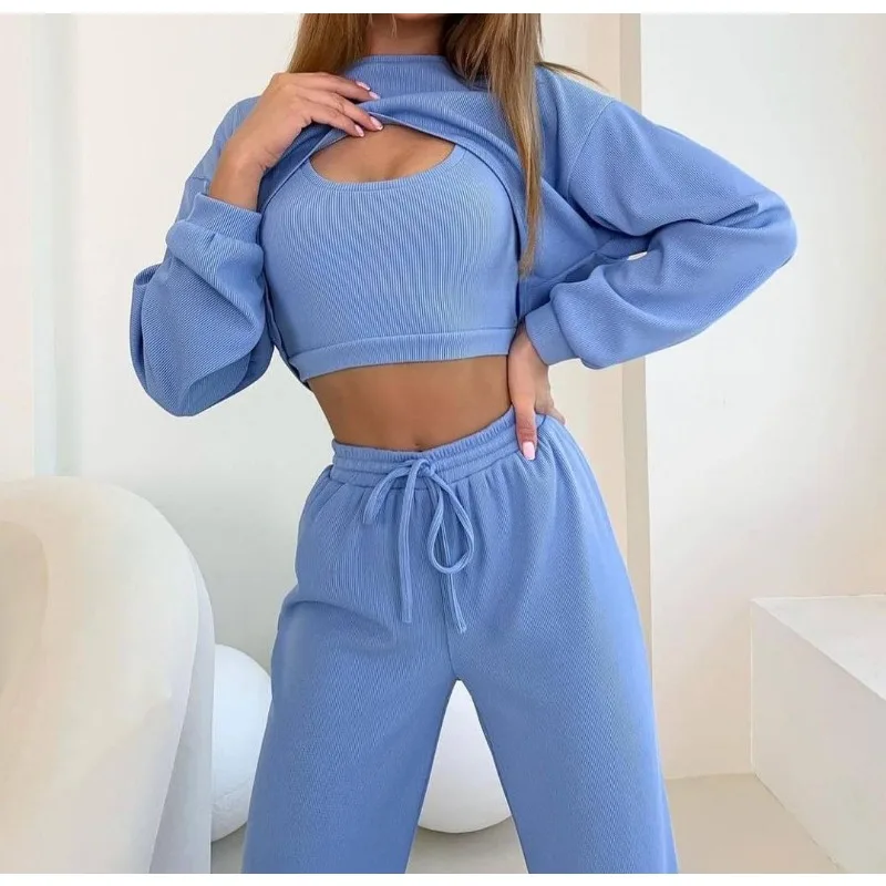 3PCS Women's Fashion Round Neck Crop  Long Sleeve Top & Pants Set Temperament Female Casual Clothes 3 Piece Set Outfit for Women