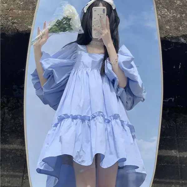 Japanese Sweet Dress Women Cute Puff Sleeve Blue Loose Mini Dress Women Summer Kawaii Style Vintage Fairy Dress New 2022