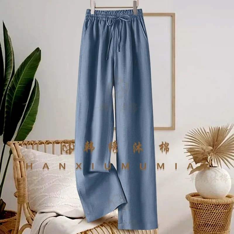 بنطلون صيفي جديد فضفاض وواسع الساق بلون سادة من القطن والكتان مع خصر مطاطي ورباط للسيدات