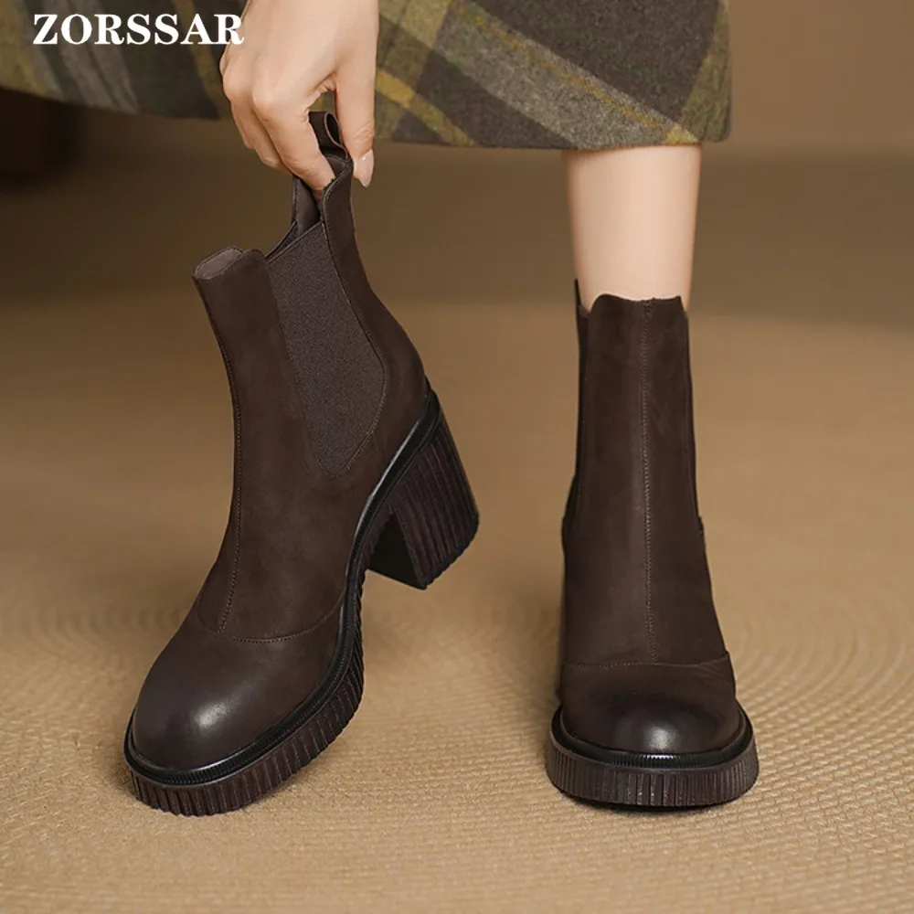 2025 Winter Square Heel Ankle Boot Fashion Round Toe Zipper Ladies Casual Chelsea Boots Shoes Suede Leather Platform Short Boot - view 6