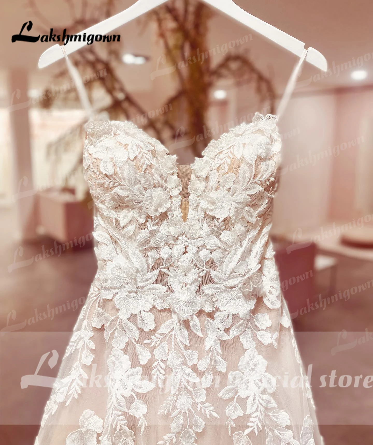 Spaghettiträger Damen Boho Hochzeitskleid Spitzenoberteil Schickes Brautkleid A-Linie Tüll Hochzeitskleider Rückenfreies Kleid Nach Maß – Detail 7