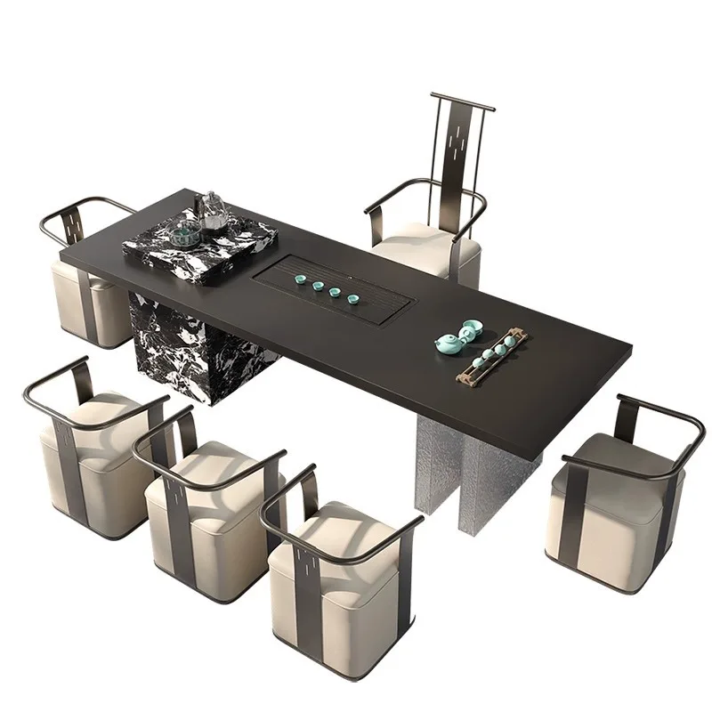 

Italian modern simple light luxury office home tea table, acrylic black rock slab tea table and chair combination