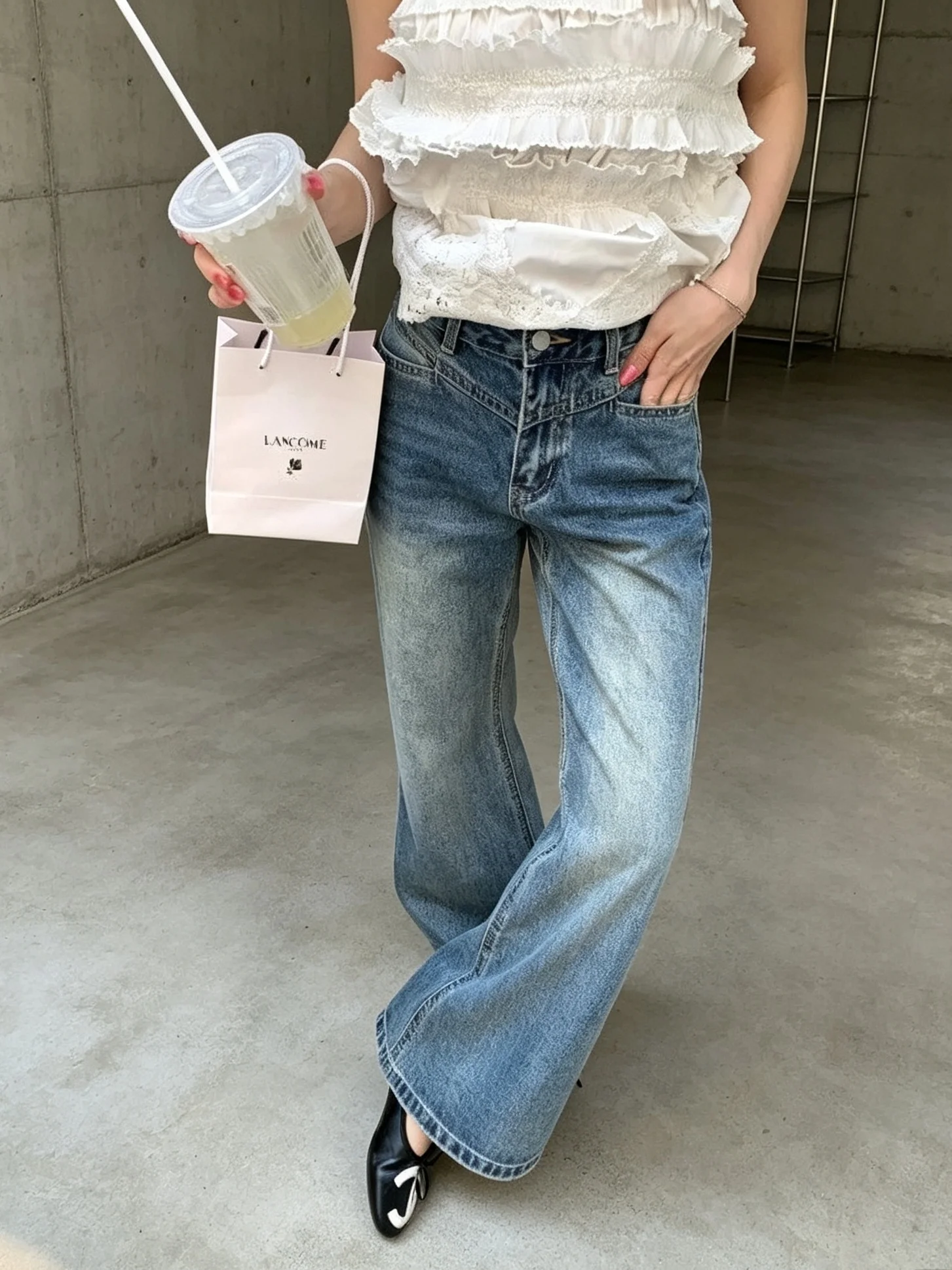 Retro Blue Faded Bell Bottom Jeans Women's Autumn New Design Sensation Drapey Long Pants High Waist American Style Denim