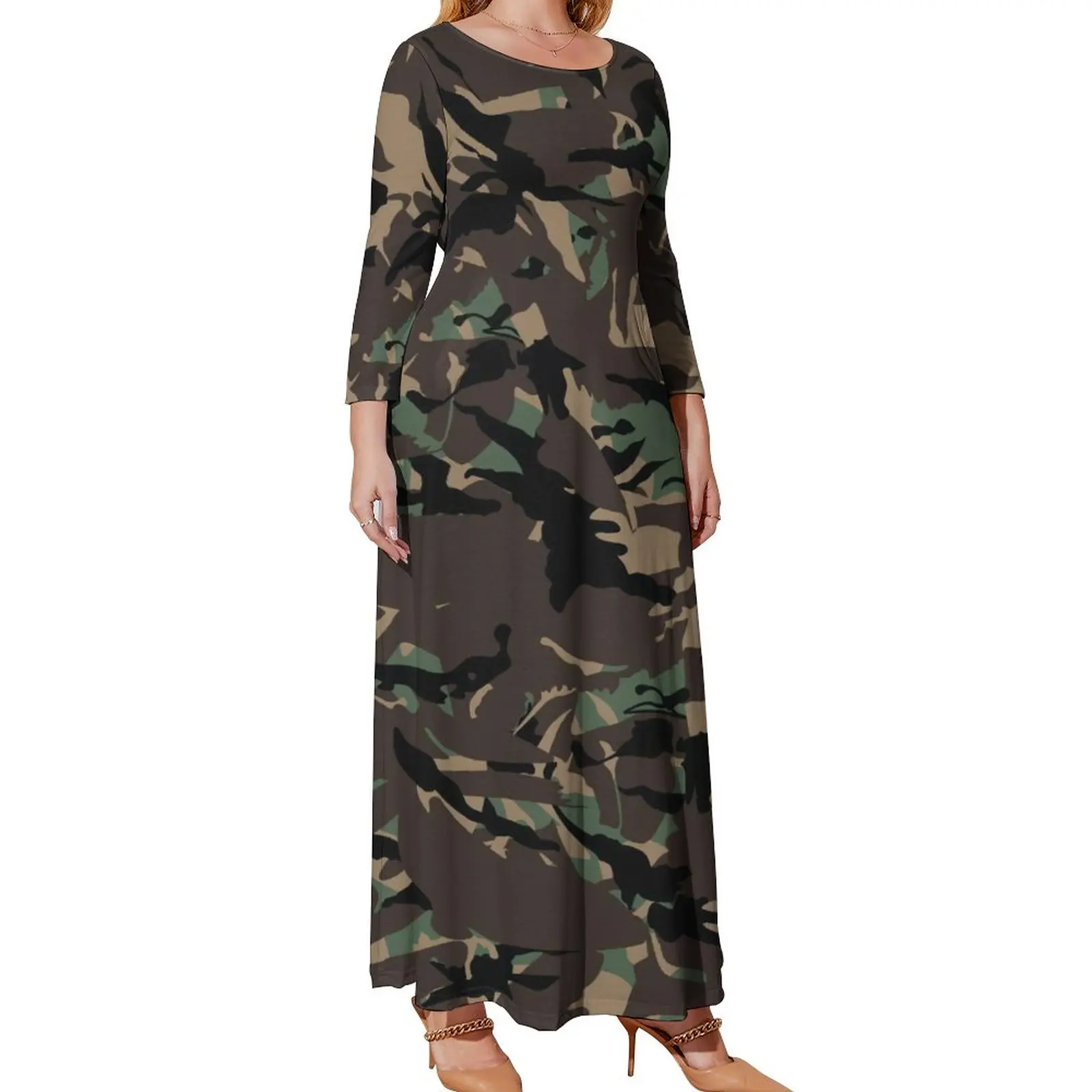 Camo Print Army Dress Long Sleeve Sloth Camouflage Elegant Maxi Dress Summer Street Wear Printed Bohemia Long Dresses Large Size