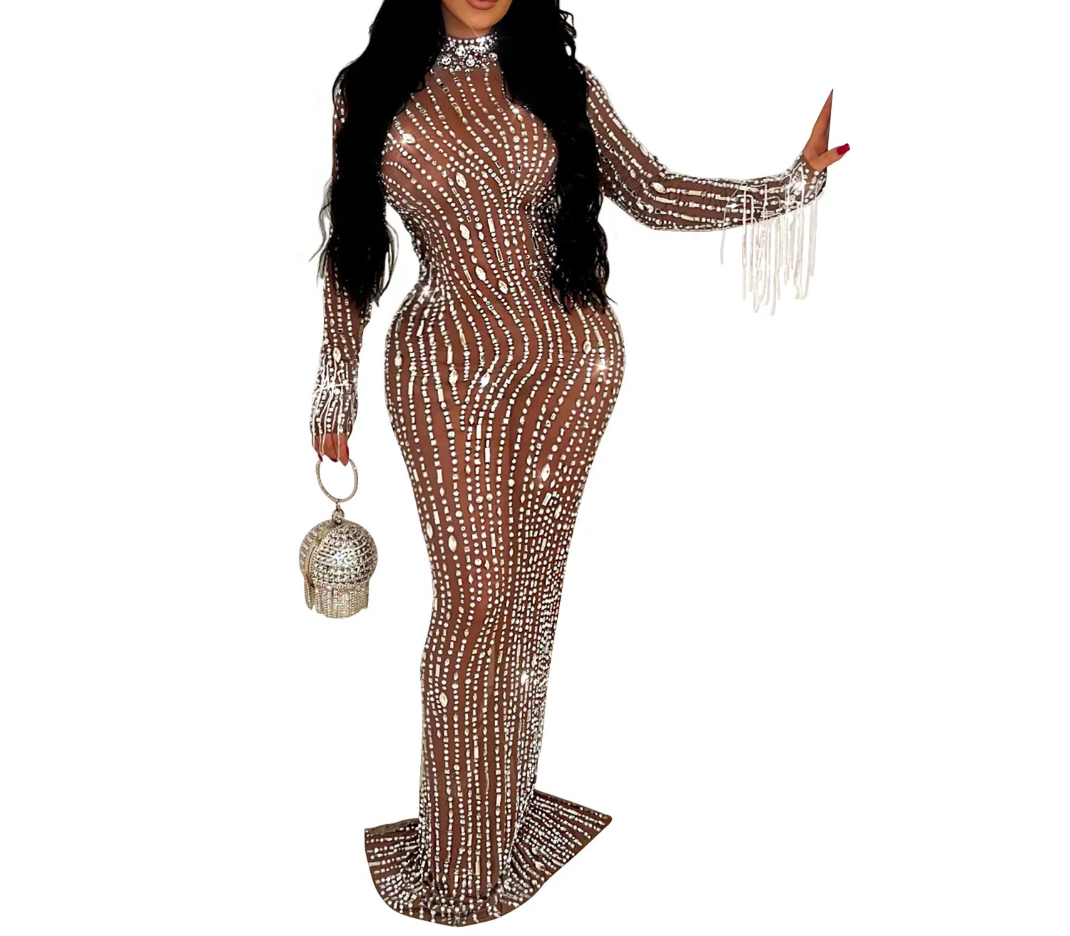 Neue Mode Sexy Lange Hülse O-ansatz Pailletten Mesh Sheer Einfarbig Slim Fit Mantel Bodenlangen Kleid Für Frauen, 2 farben