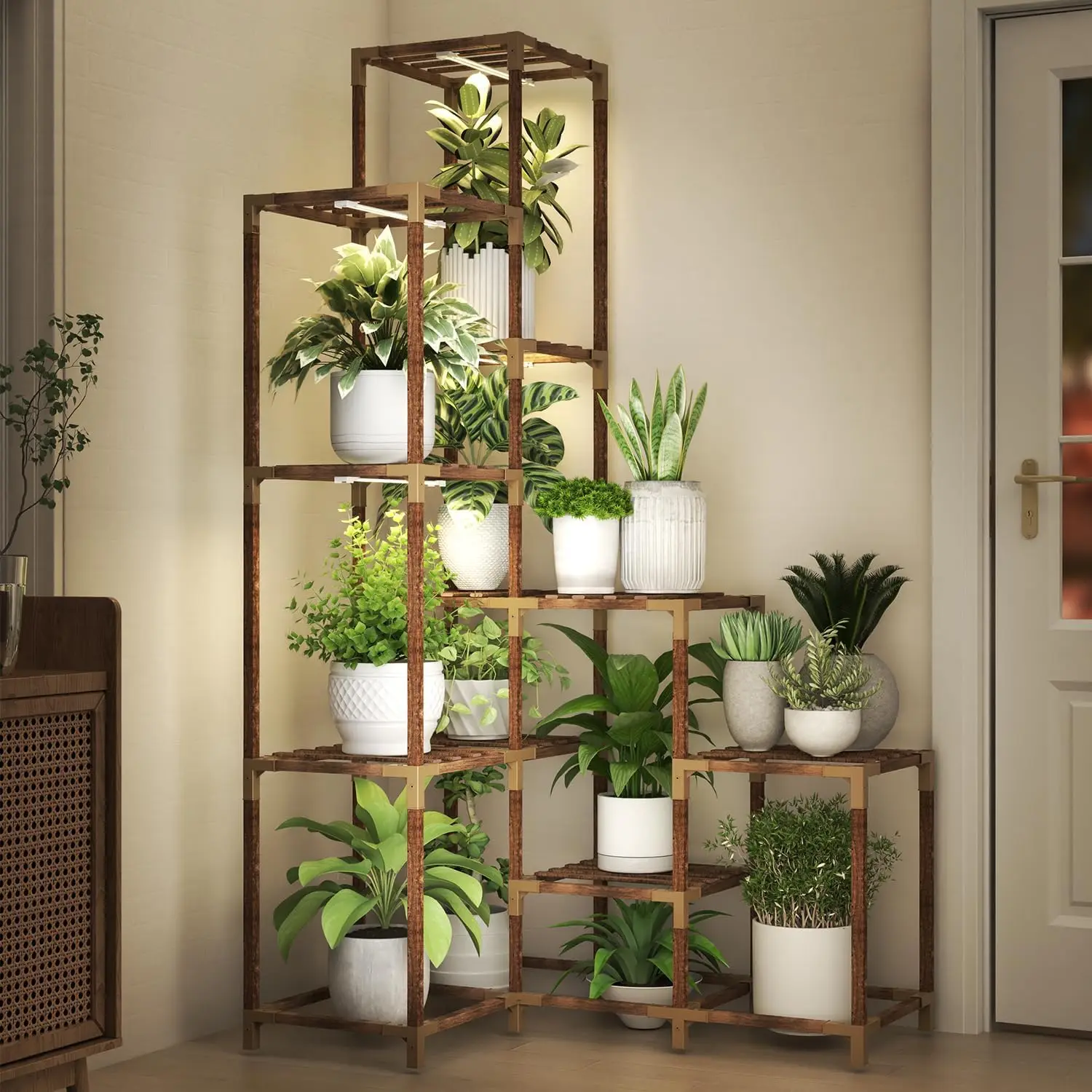 

Corner Plant Stand with Grow Lights, 14 Tier Tall Plant Shelf Indoor Outdoor for Multiple Plants, Wood Plant Ladder Rack Holder