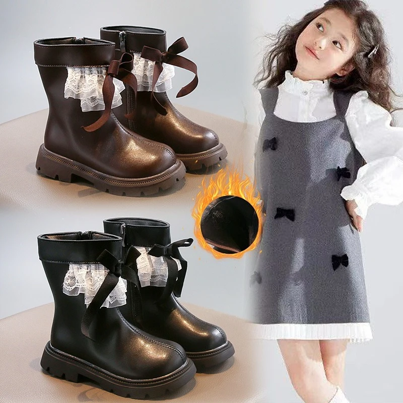 

Детские кожаные ботинки, милые кружевные детские короткие сапоги в стиле принцессы с мягкой подошвой, осень-зима 2022, новые ботильоны для девочек с круглым носком