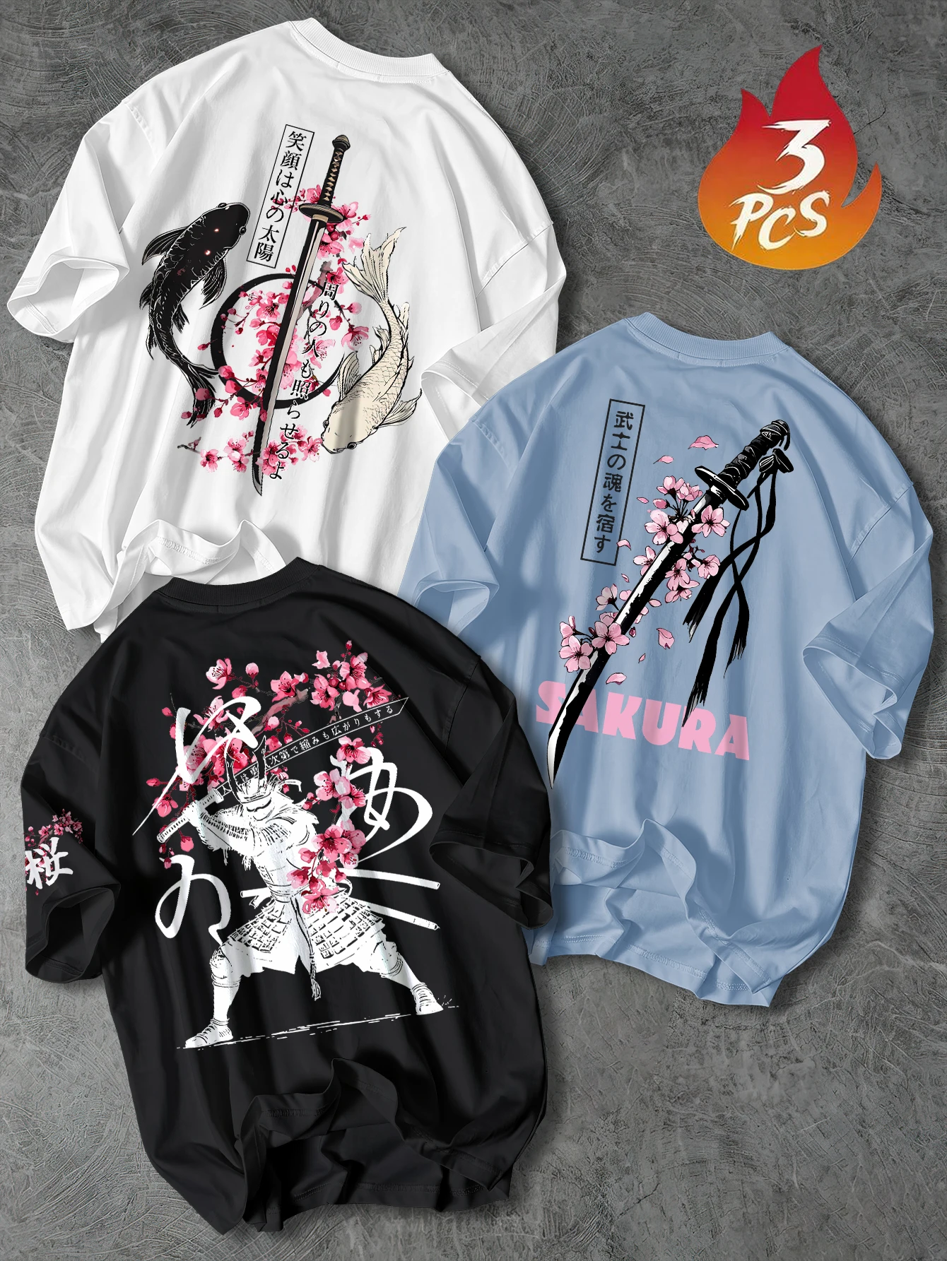 Men's & Women's 3 PCS Japanese Samurai Sakura Koi T-Shirt Back Print Y2K Streetwear Oversized Crew Neck Tee S‑2XL