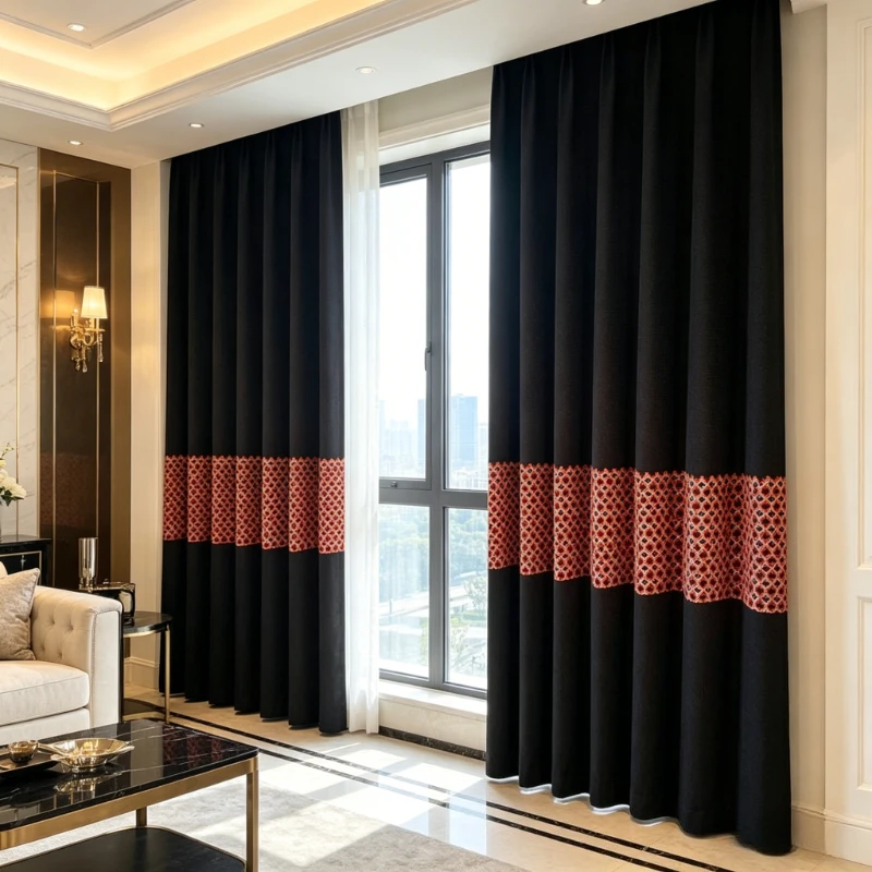 French Chenille Jacquard Brocade Curtains Black and Red Contrasting Retro Stitching Decorative Fabric for Living Room Elegant