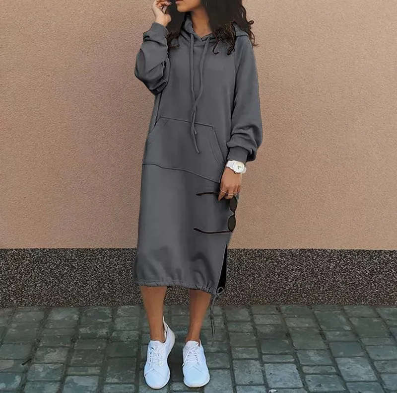Pullover Hooded Hoodie Regular Thickness Elegant Commuter with Pocket Sweatshirt Loose Fit Wrinkle Treatment Long Hoodie