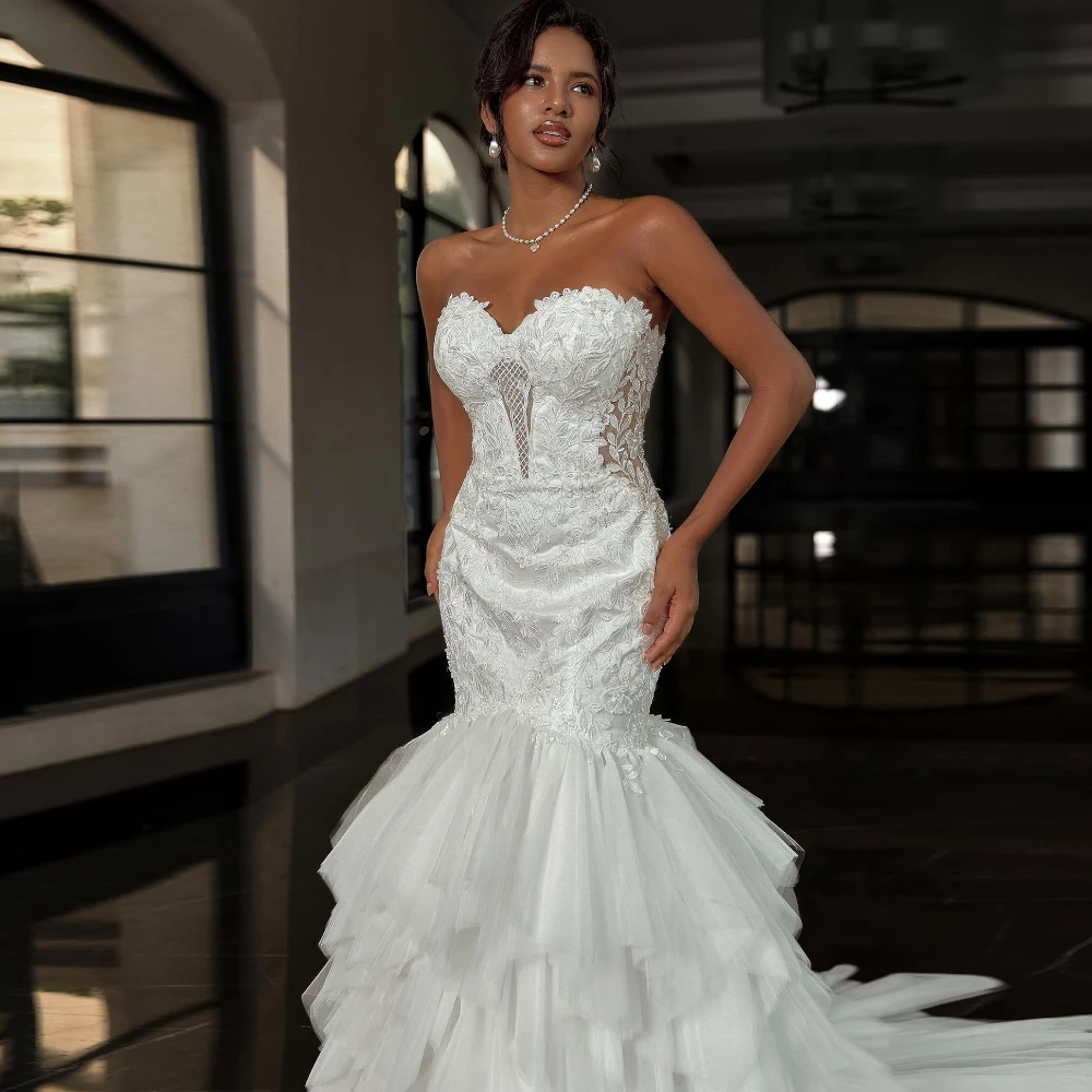 

Customized Boho White Organza Wedding Dress Formal Sweetheart Sleeveless Bridal Gowns Soft Mermaid Court Train Vestido De Novia