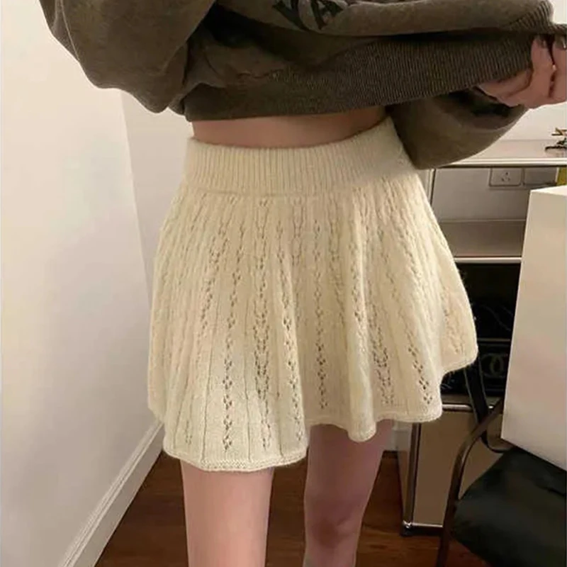 Sweet Knitted Mini Skirt Women Autumn Korean Preppy High Waist Hottie Skirts Female Loose Casual A Line Kawaii Pleats Skirt New