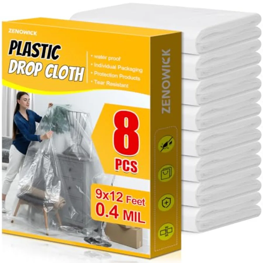 Plastic Drop Cloth, 9x12 Feet Plastic Sheeting for Painting, Dust-Proof Tear-Resistant Painters Plastics Tarp Cloth for Furnitu