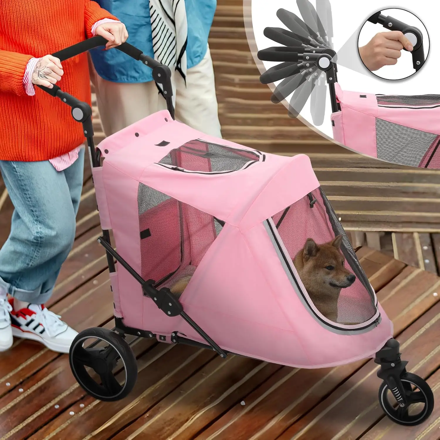 

Коляска для домашних животных для крупных собак или нескольких собак/кошек с регулируемой ручкой, 3-колесная, с двойным входом, портативная, с прозрачным окошком, на заказ