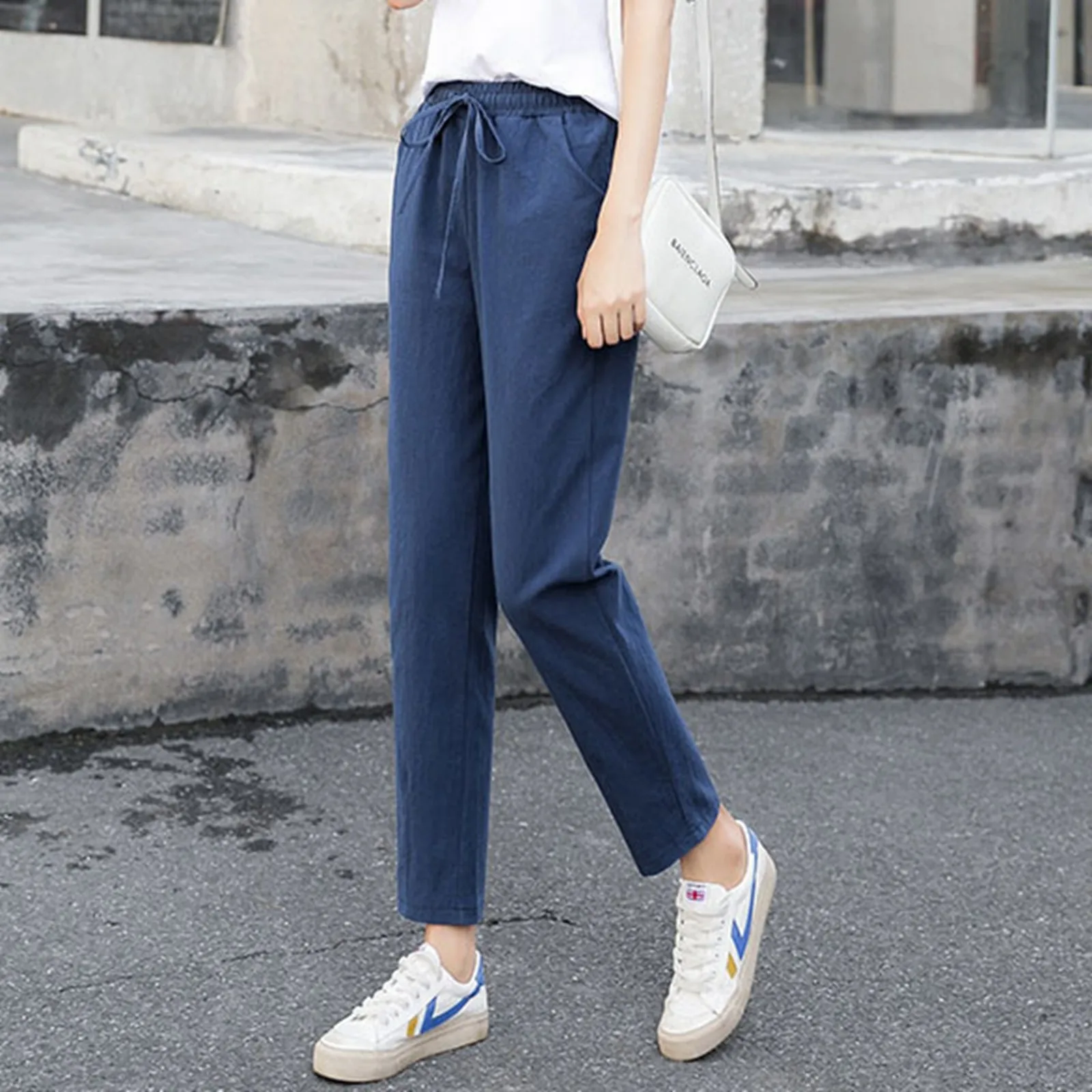 2024 Womens Spring Summer Pants Cotton Linen Solid Elastic waist Candy Colors Harem Trousers Casual Female Pants