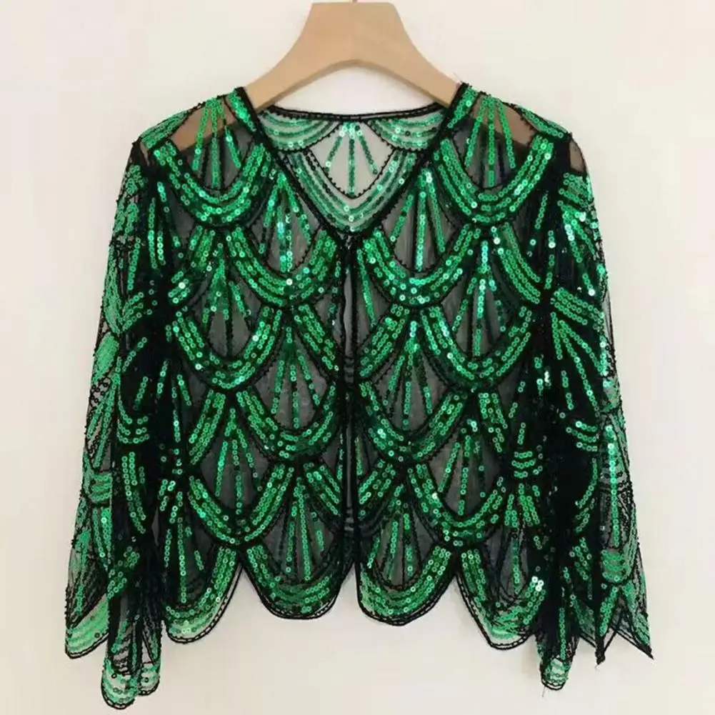 Sequin Pattern Jacket Elegant Women's Sequin Mesh Cardigan with Half Sleeves V Neck Prom Formal Occasion Style for Summer