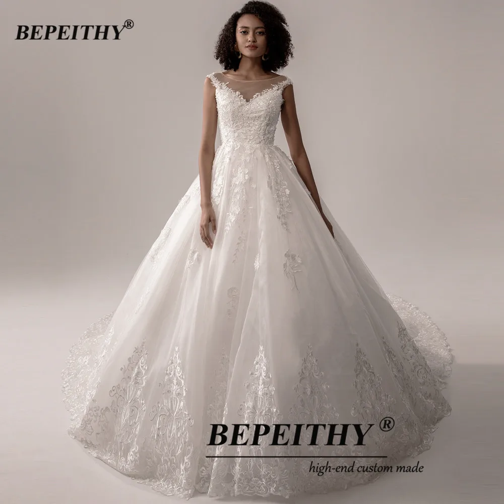 BEPEITHY – robe de mariée de forme trapèze, en dentelle, grande taille, sans manches, avec traîne, pour femmes