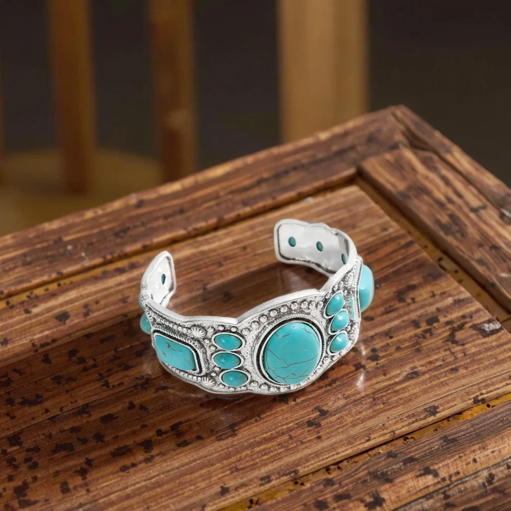 Handcrafted Wide Bangle with Turquoise Stone December Birthstone Bracelet for Daily Wear Bohoturquoise-Inspired Cuff Bracelet