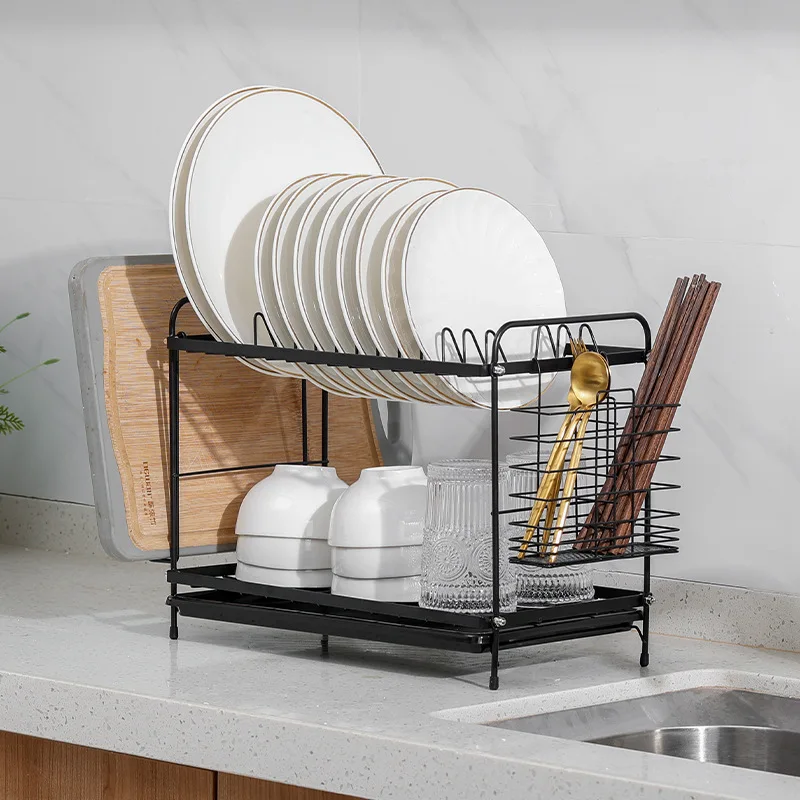 

2 Tiers Kitchen Dish Drainer Bowl Storage Rack Chopsticks Cage Space Saver Kitchen Plates Organizer Tableware Draining Shelf