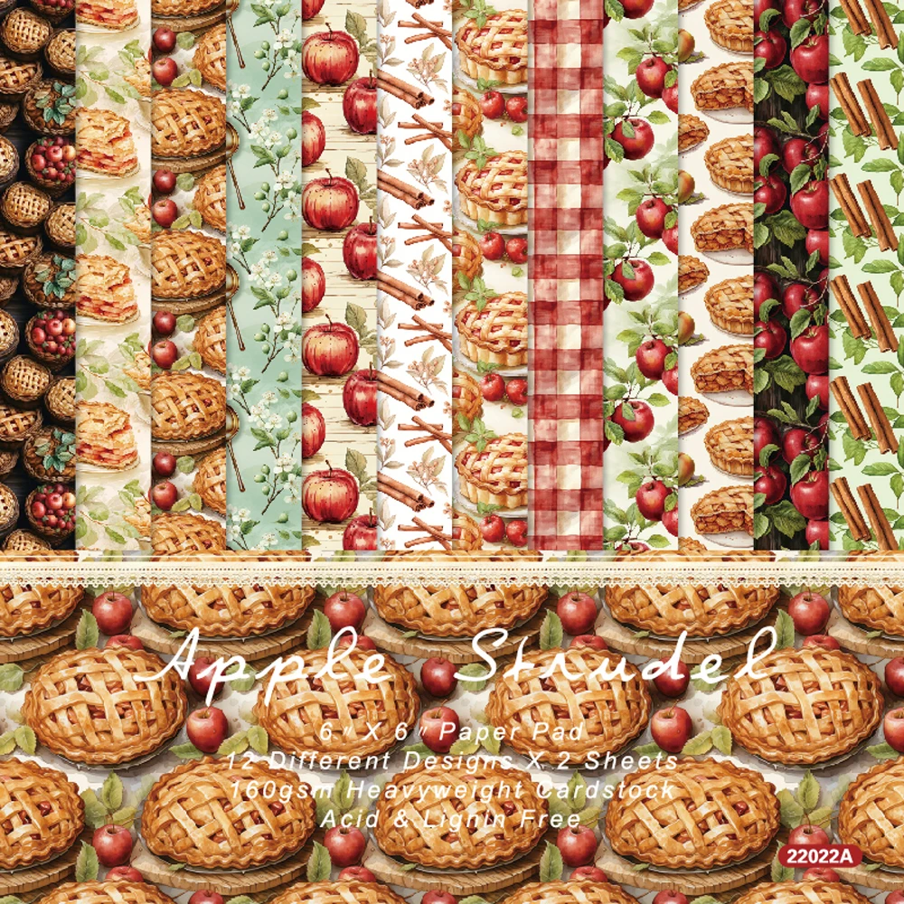 KLJUYP 24 hojas de papel de Strudel de manzana de 6 "X 6", papel para álbum de recortes, paquete de papel estampado para álbum de recortes, papel de fondo artesanal DIY
