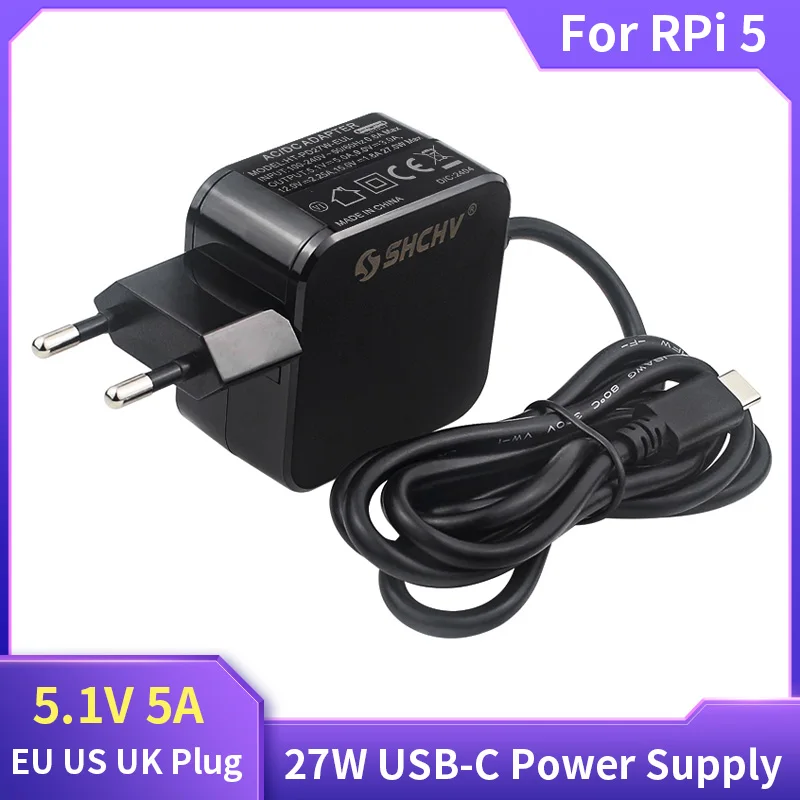 Alimentation pour Raspberry Pi 5, 27W, 5.1V, 5A, USB Type C, chargeur, adaptateur secteur, prise EU, US, UK, chargeur pour Raspberry Pi 5, 4B, RPI 5