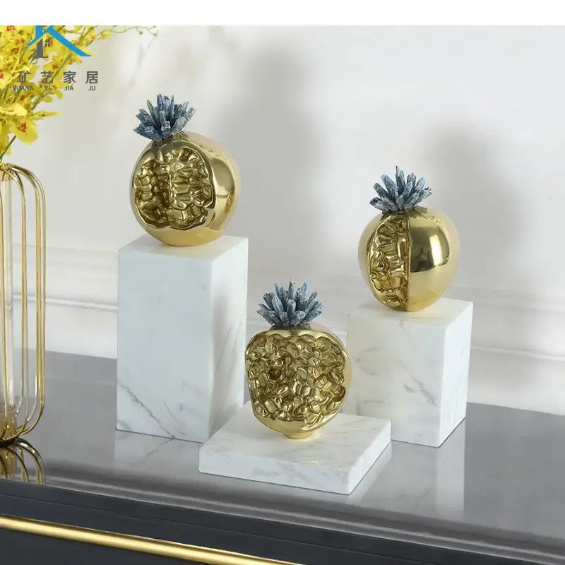 Brass Pomegranate Crystal Crafts Ornaments Living Room Decoration Furnishings Artwork Marble Base Statue