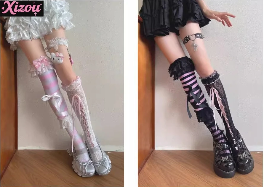 

Millennium Babes Y2K Music Festival Stacked Tube Socks Women's Strap Lace Jk Lolita Leg Loop Socks Lolita Bow Cross Strap Socks