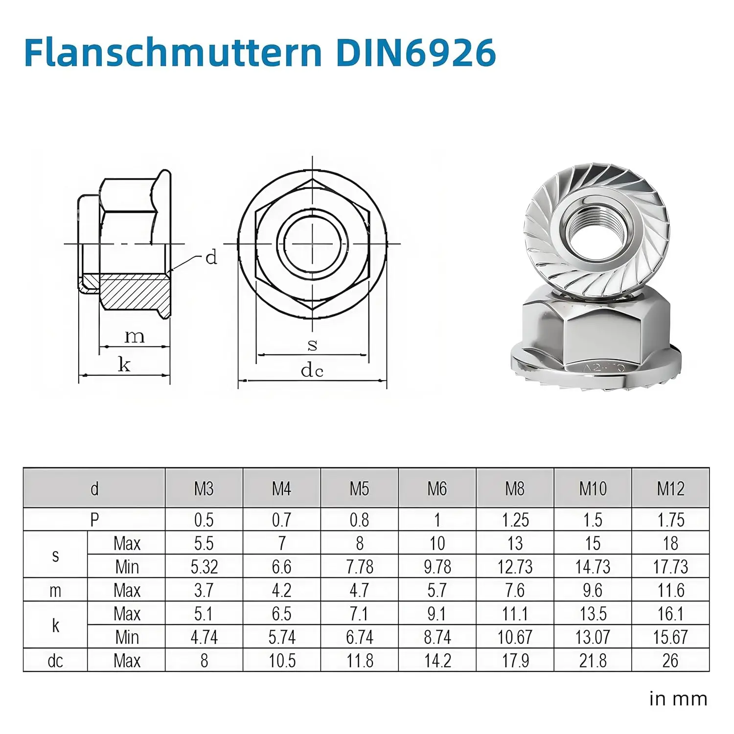 Picture 4: WZHUIDA M3 M4 M5 M6 M8 M10 M12 Flange Lock Nuts DIN 6926, A2 Stainless Steel Hex Flange Nuts with Serrated Flange, Self-Locking