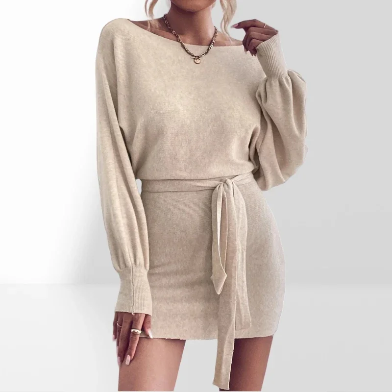 

Elegant Long Sleeve Bodycon Dress Women 2024 Boat Neck Batwing Sleeve Belted Dress Sweater Wool Woman Winter Commute Mini Dress