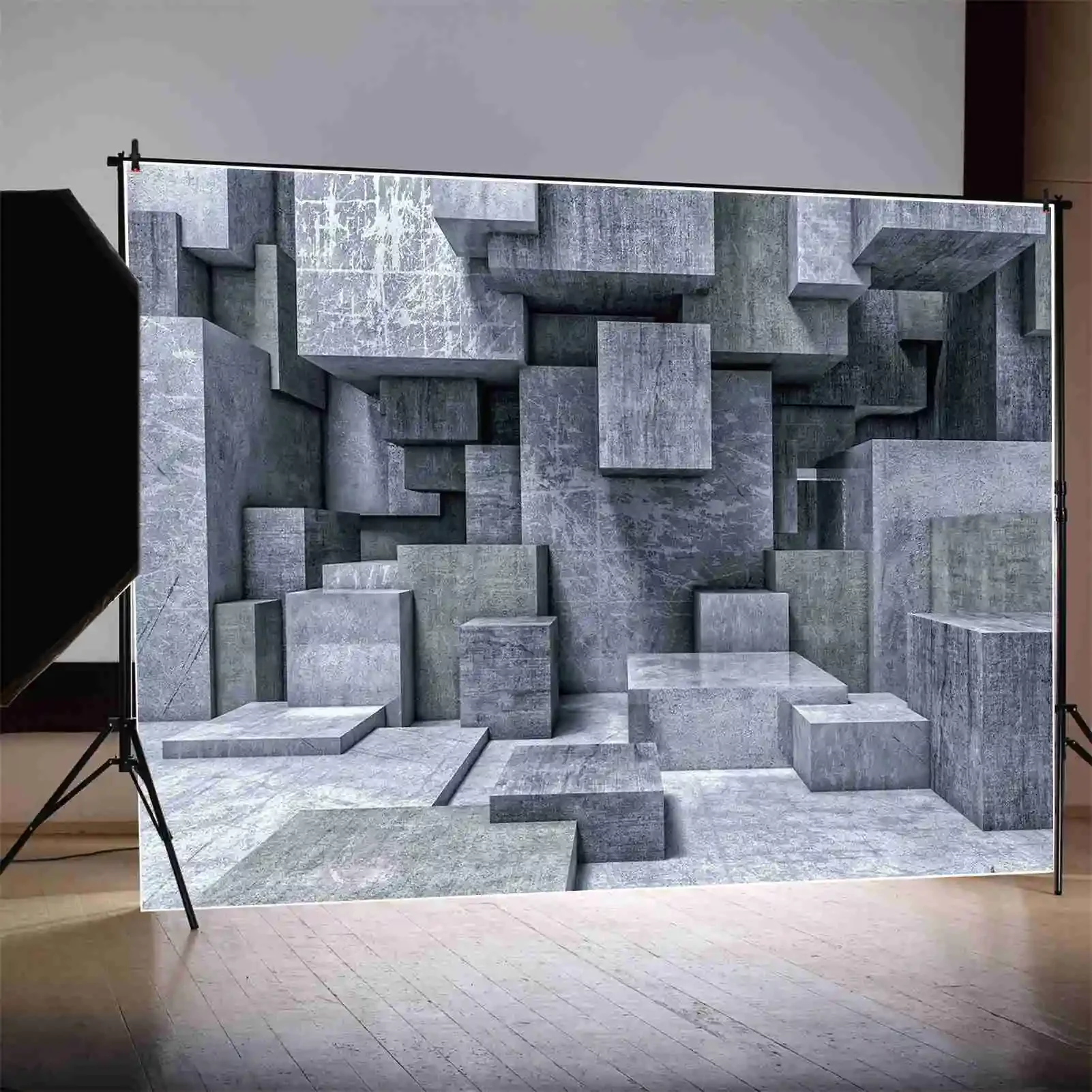 3D Grey Backdrop for Photography Geometrical Cement Marble Textured Photo Background Illusion Wall Photographic Props