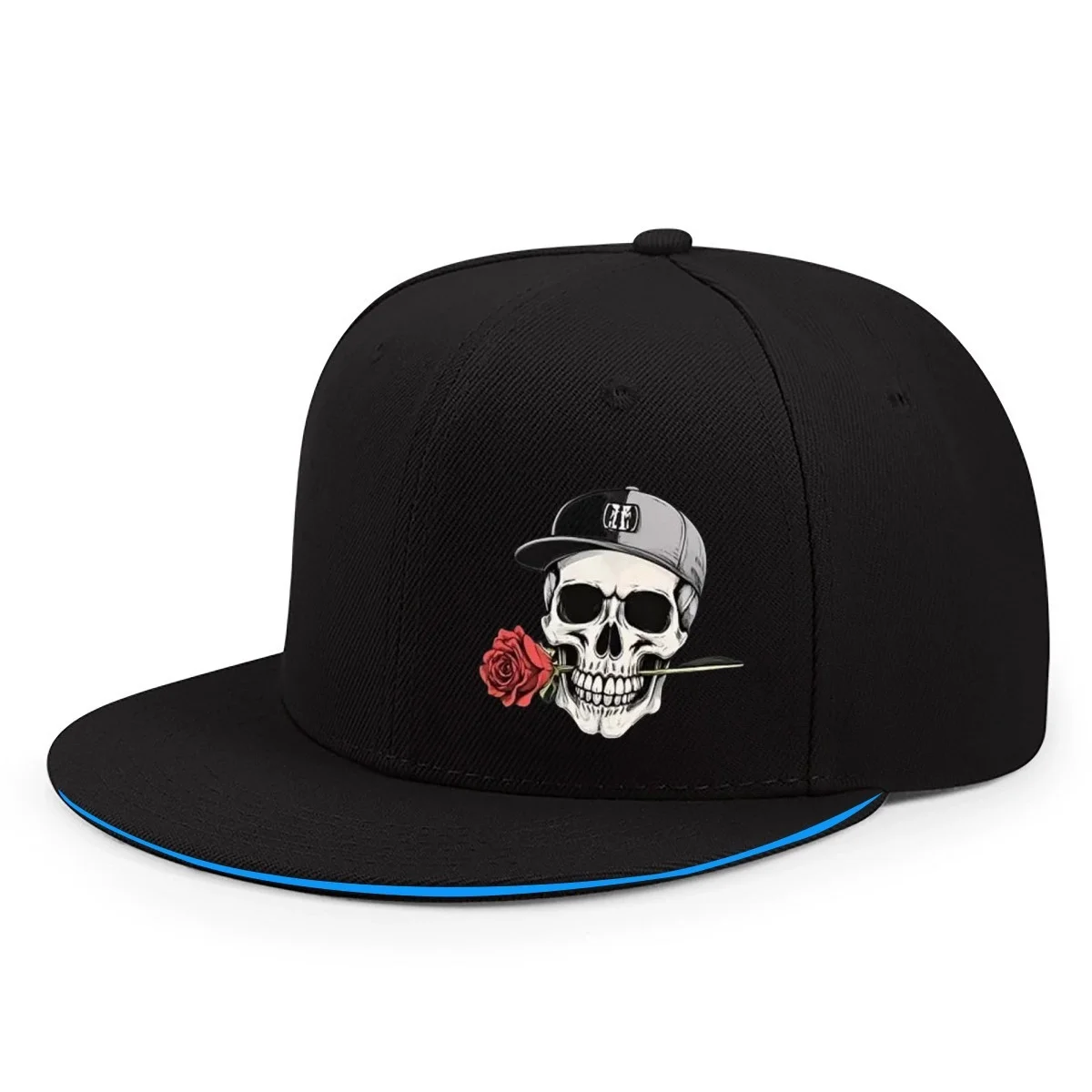 Neue verstellbare Hip-Hop-Baseballkappe mit Totenkopf- und Rosenmotiven im Vintage-Stil mit flachem Schirm für Outdoor-Street-Sportarten. – Detail 3