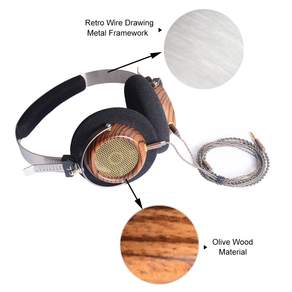 OKCSC M2 57MM Speaker Open Voice HIfi Olive Wooden Headphones With 5N OCC Plated Silver DIY 3.5mm Replacement Cable Vintage