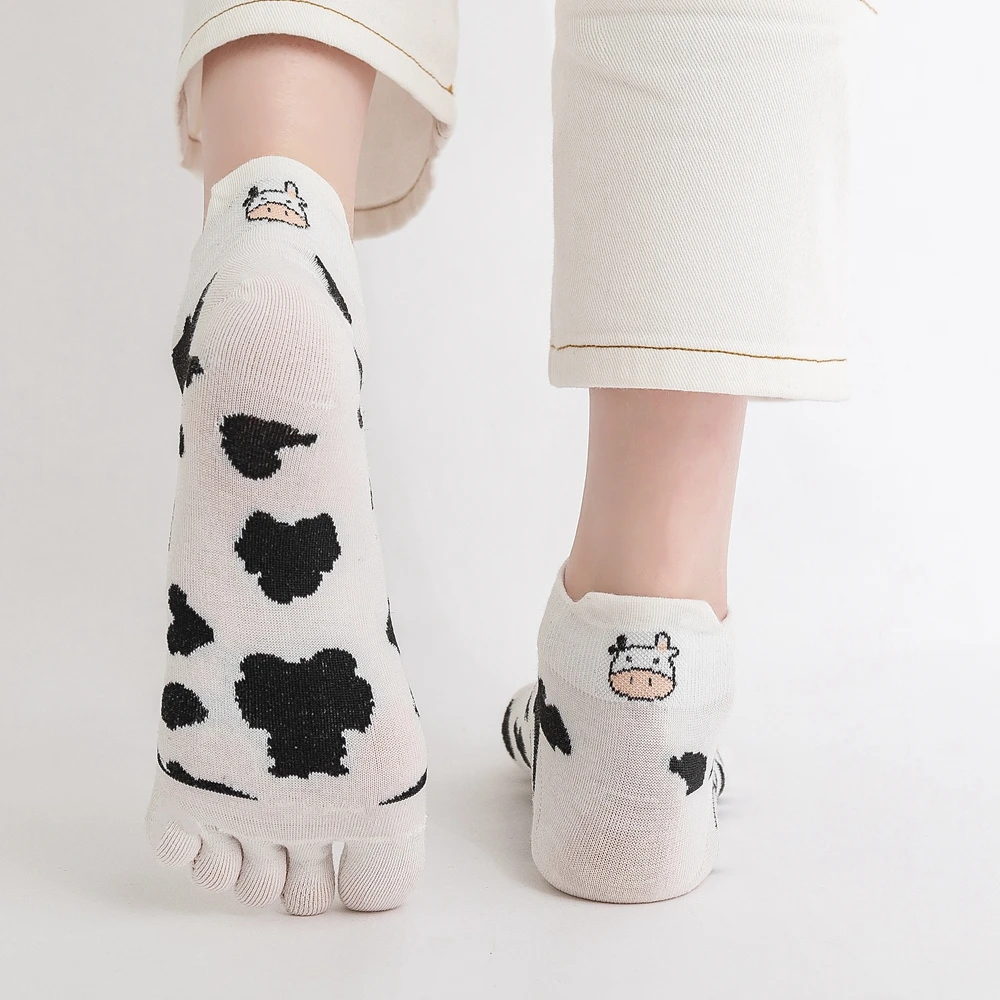 5 Pairs Cute Cow Print Toe Socks Women Kawaii Five Finger Socks Summer Short Ankle Socks with Separate Fingers Korean Fashion
