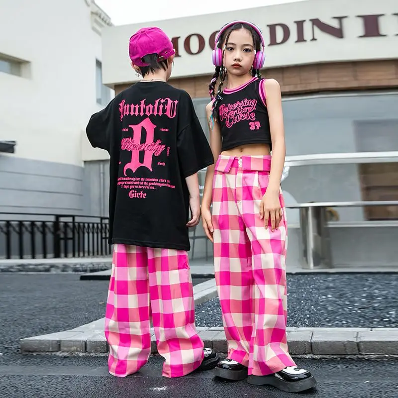 Hip Hop Mädchen Ernte Top Plaid Hosen Jungen lose T-Shirt Street Dance Kind Streetwear Teen süße Kleidung setzt Kinder Jazz Kostüme