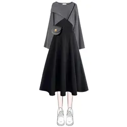 New Knit Two Piece Women Sets Korean Casual Spring Fall Crop Top And Pleated Dress Suits For Women Midi Dress Sets
