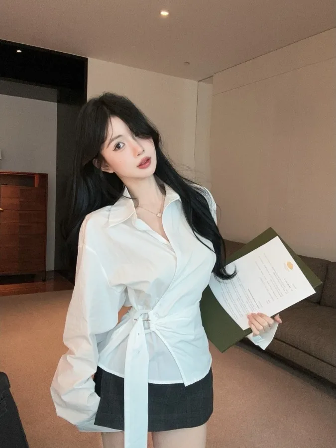 

Sexy Long Sleeve Shirt Women's Spring Belted Waist Tuck Slimming Shirt Casual Wear Regular Length Pure Color Button Closure