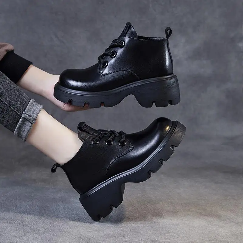 

Fashionable Thick Bottom Heightening Short Boots with Lace Genuine Leather British Style Ankle Boots Summer round Toe Rubber ...