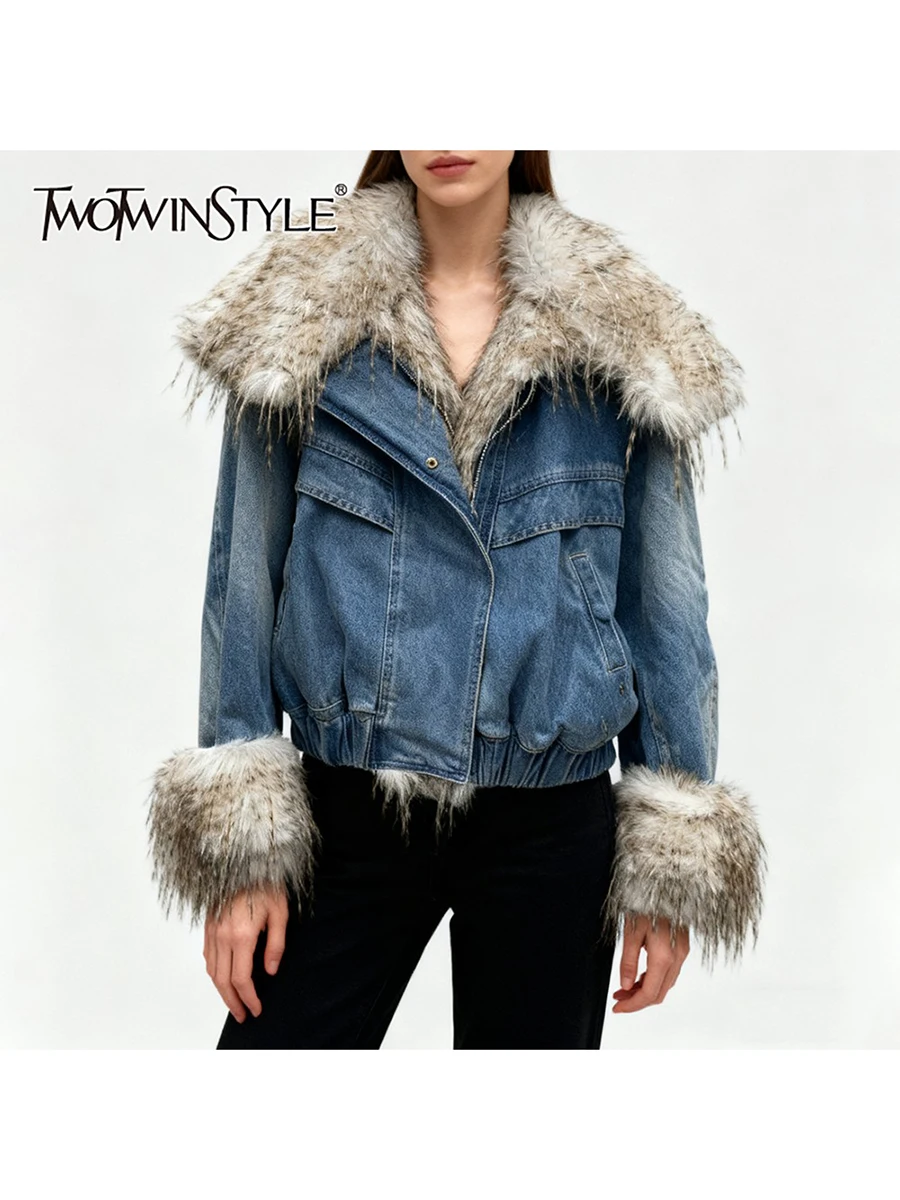 

TWOTWINSTYLE Solid Loose Spliced Zipper Casual Cowboy Jackets for Women Lapel Long S;eeves Patchwork Fur Short Jacket Female New