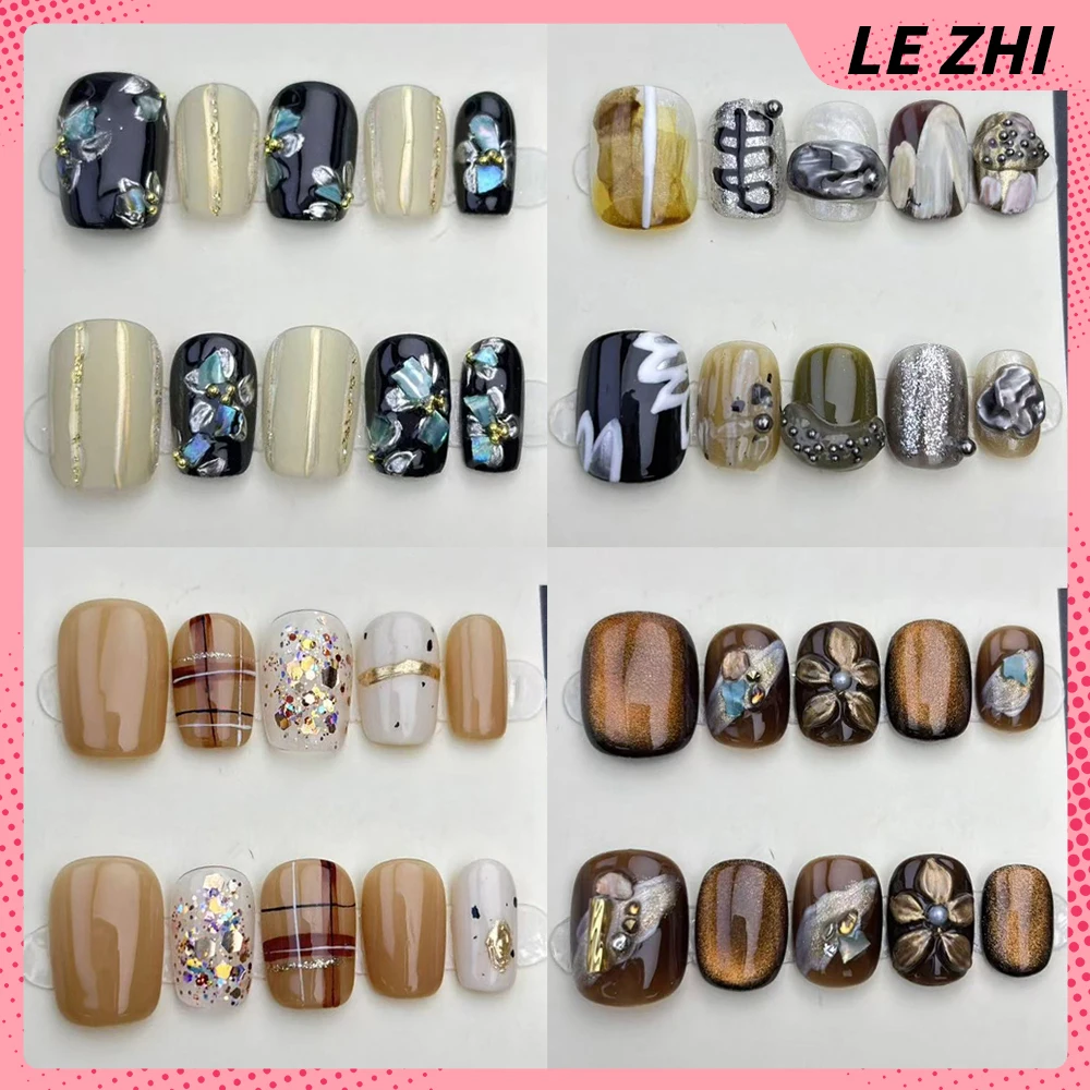 10 قطعة زهور فضية فاخرة خفيفة مصنوعة يدويًا قصيرة مربعة مستديرة اضغط على مسمار لؤلؤة فلاش مسحوق عين القط التدرجات غطاء كامل للأظافر