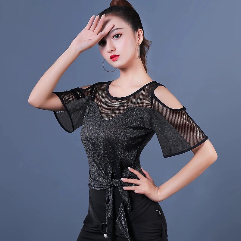 Train Modern Dance Top Mesh Clothing Womens Dresses for Women Sexy Crew Neck Top Perspective Line Dance Tops Summer Suit Latin