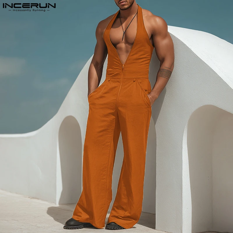 

INCERUN Men Jumpsuits Solid Color V Neck Sleeveless Zipper Casual Male Overalls Streetwear Loose 2025 Fashion Leisure Rompers